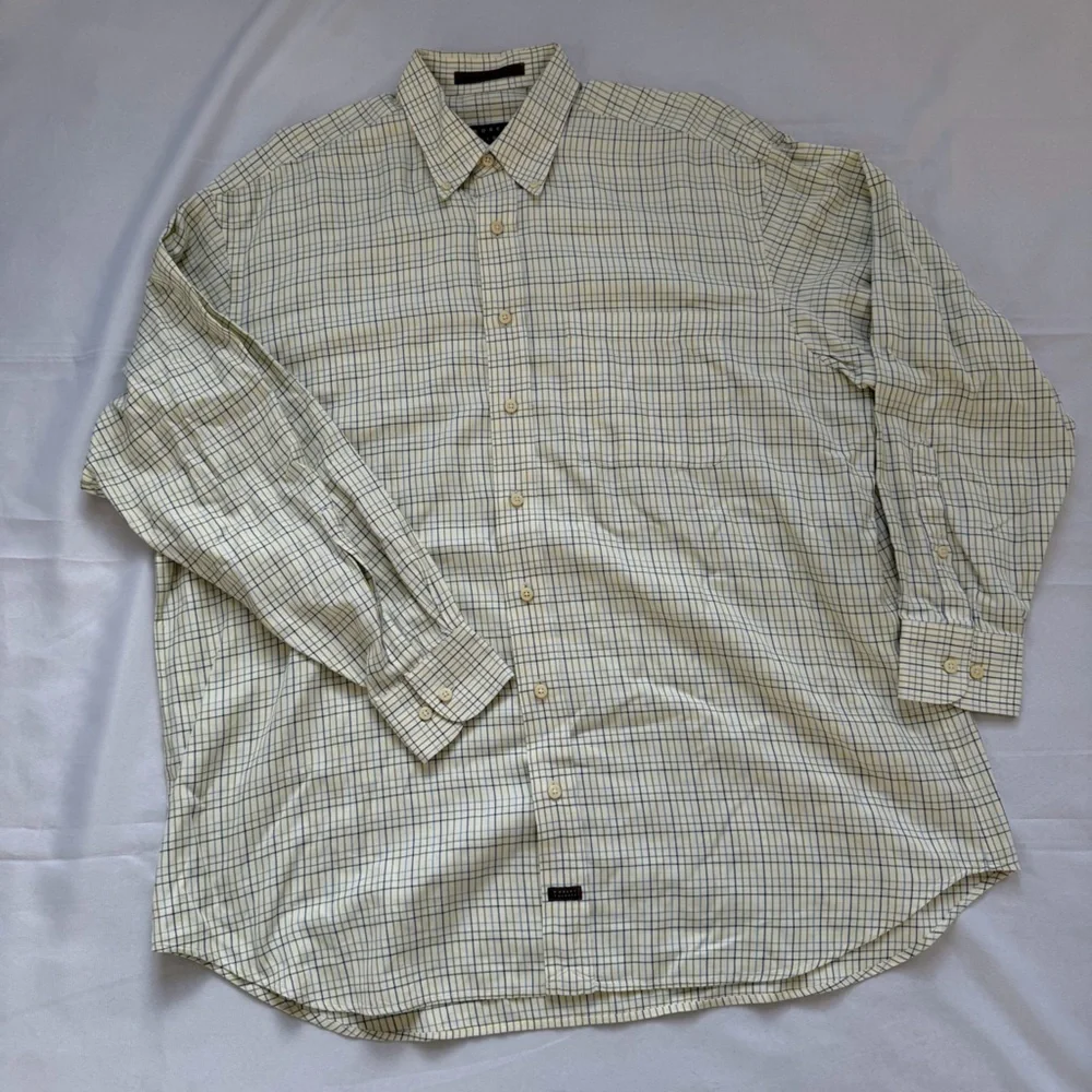 Robert Talbott XL Cream Green Blue Check Button Down Shirt Cotton Top